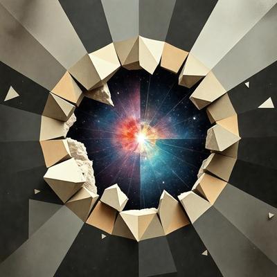 The primary subject of the image is a large, colorful, and intricate artwork featuring a black and white background. The artwork is a combination of digital art and illustration, creating a visually striking scene. The colors and mood of the image are vibrant and energetic, with a sense of depth and complexity. The setting or background of the image is a black and white surface, which contrasts with the vivid colors of the artwork.